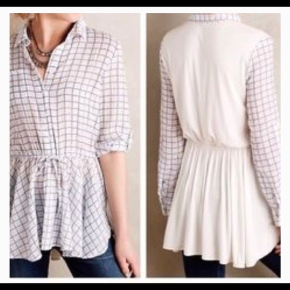 Anthropologie Blue Tassel plaid tied at waist top - Picture 2 of 4